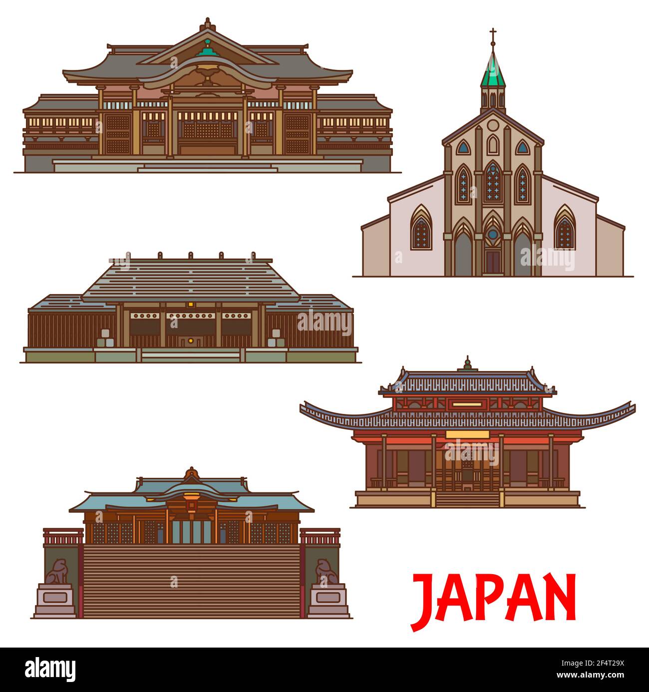 Architettura e monumenti giapponesi, templi e pagode, edifici giapponesi vettoriali. I luoghi di interesse del Giappone e i santuari buddisti Takachiho-jinja e Aman Illustrazione Vettoriale