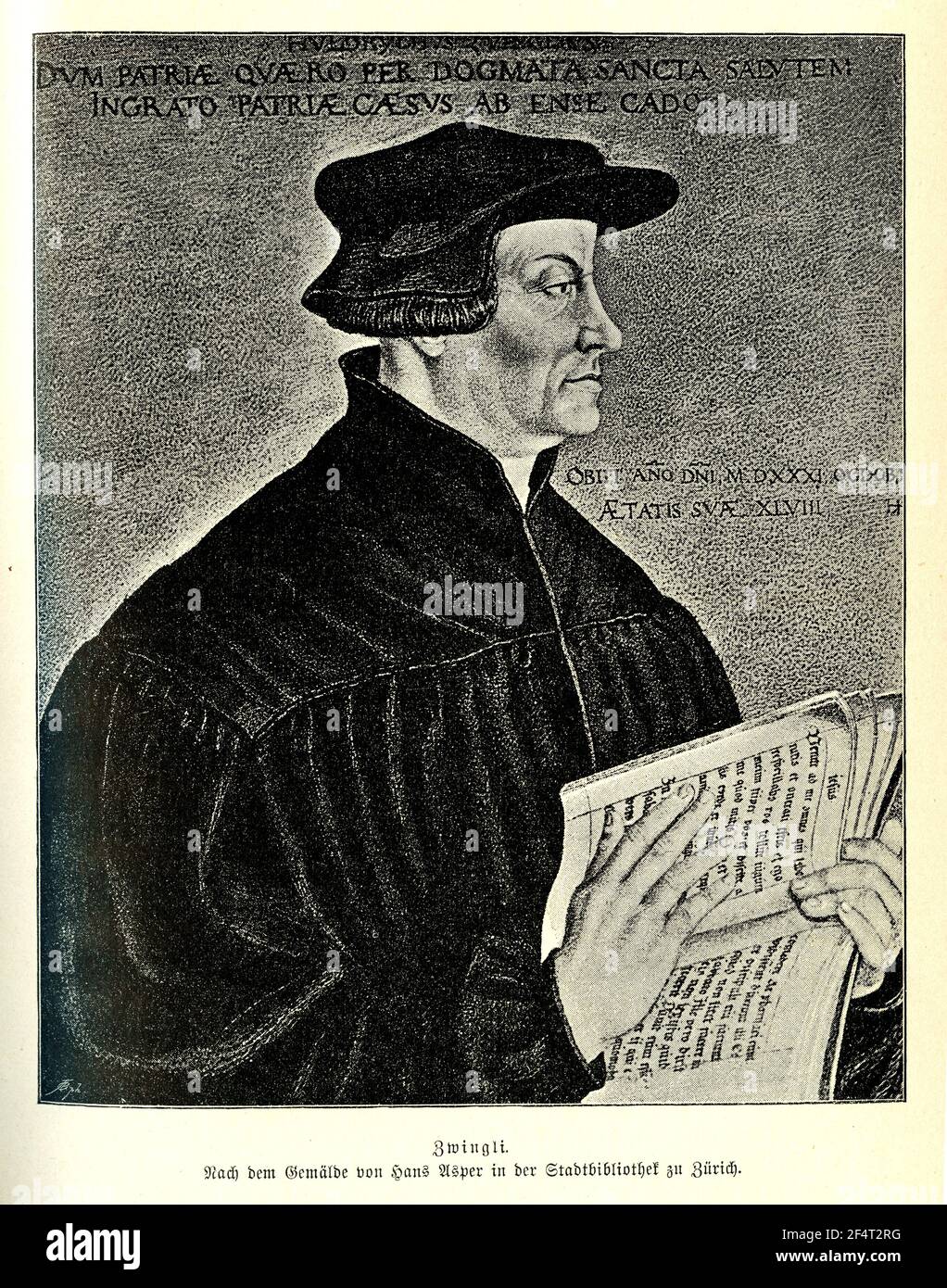 Ritratto di Huldrych Zwingli (1484 - 1531) riformatore e umanista svizzero, influenzato dagli scritti di Erasmus di Rotterdam Foto Stock