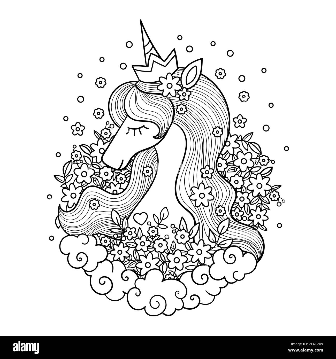 Testa di un simpatico unicorno tra fiori e nuvole. Illustrazione lineare in bianco e nero. Vettore Illustrazione Vettoriale