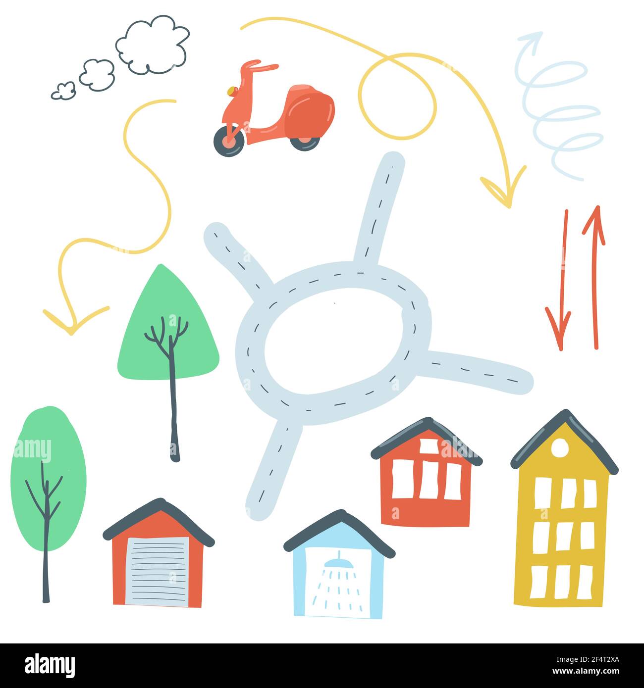 grande insieme di elementi urbani piatto semplice disegno a mano in stile cartoon. auto, strade, semafori. illustrazione vettoriale Illustrazione Vettoriale