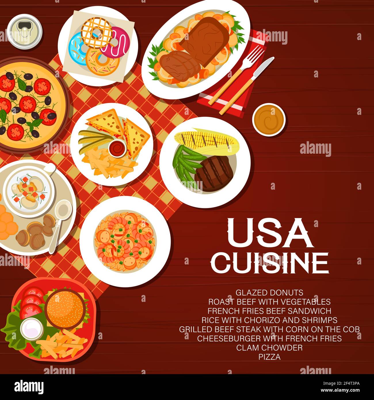 Cucina americana, menu di piatti USA, piatti vettoriali e pasti. Ristorante  americano e caffetteria tradizionale, cena a pranzo e poster del menu di  cibo per la colazione Immagine e Vettoriale - Alamy