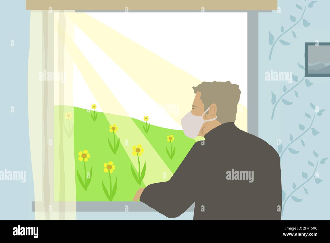 Uomo anziano con maschera facciale ffp2 in piedi in camera oscura finestra durante il blocco guardando a lungo su un prato di primavera con fiori gialli Foto Stock