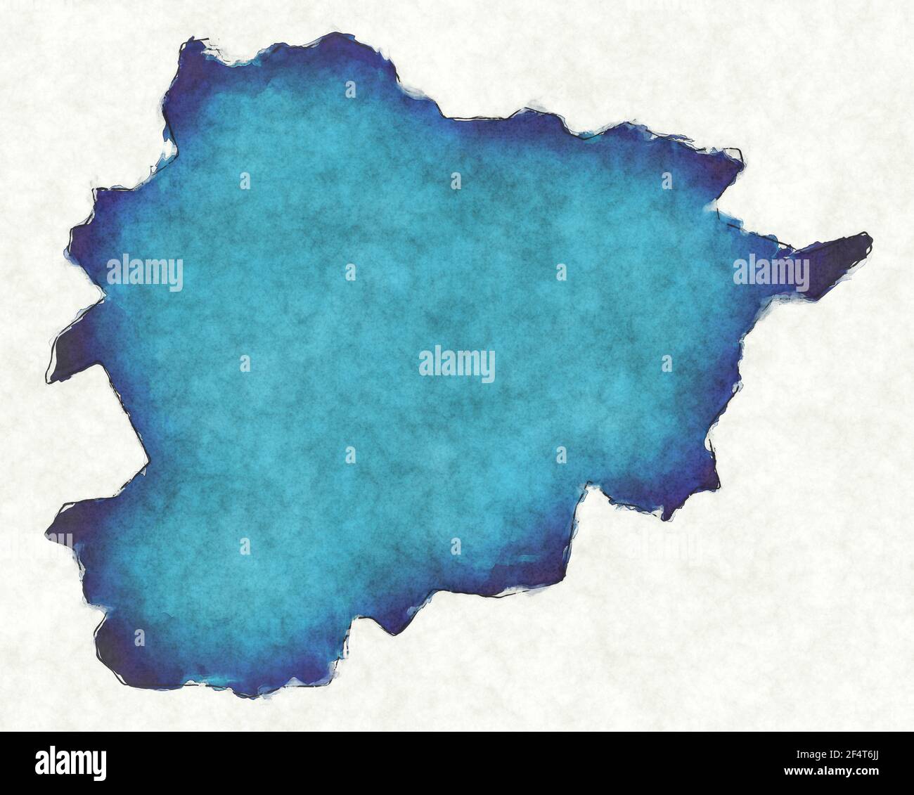 Mappa di Andorra con linee tracciate e illustrazione blu acquerello Foto Stock