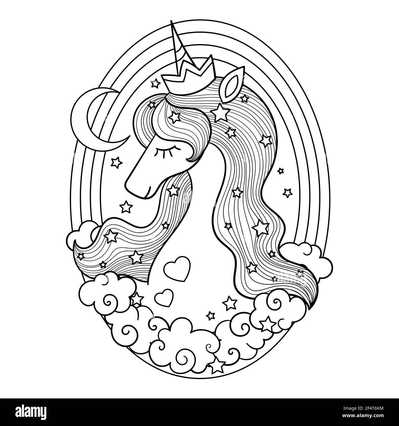 Carino unicorno testa e arcobaleno. Illustrazione lineare in bianco e nero per la colorazione. Vettore Illustrazione Vettoriale