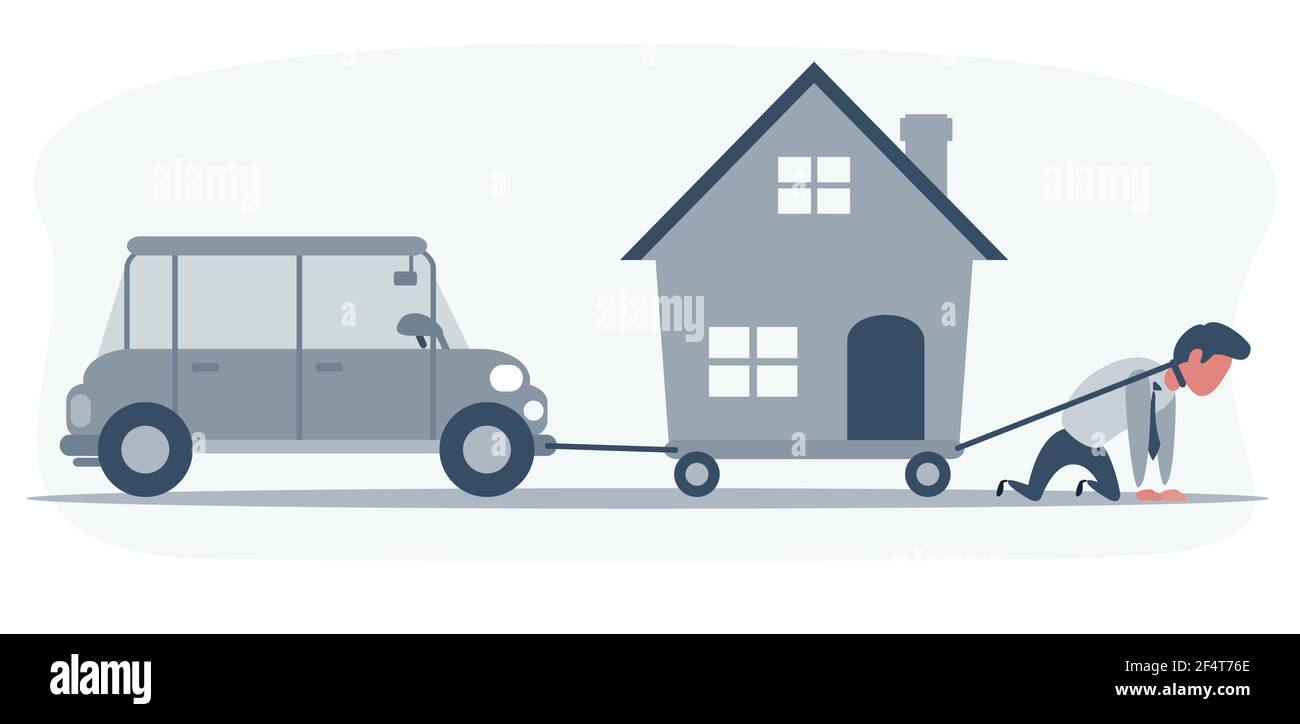 Illustrazione vettoriale di concetto di business di un uomo d'affari sulle ginocchia che trascina una casa e una macchina convertibile. Problema finanziario, peso, pressione, debito Illustrazione Vettoriale