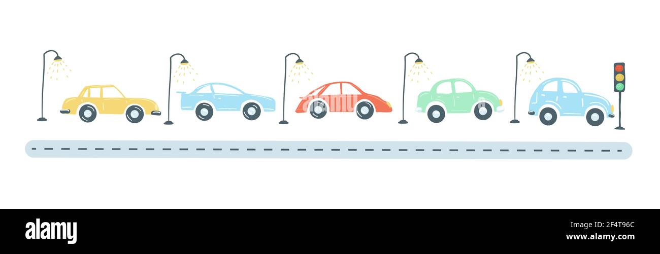 ingorgo da auto colorate piatte semplice disegno a mano in stile cartoon. illustrazione vettoriale Illustrazione Vettoriale