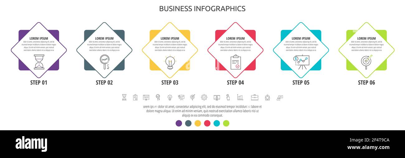 Etichetta infografica aziendale vettoriale con rhombus per sei etichette, diagrammi, grafici, presentazioni. Concetto quadrato con 6 opzioni o passi utilizzati con il contenuto, Illustrazione Vettoriale