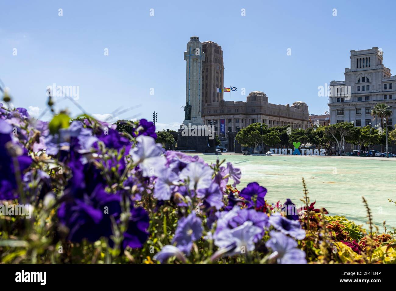 Affacciato su fiori viola al Cabildo, edifici governativi dell'isola in Plaza de Espana, Santa Cruz, Tenerife, Isole Canarie, Spagna Foto Stock