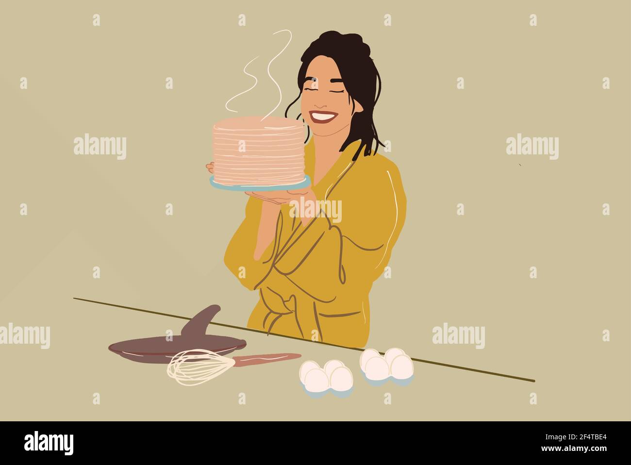 Bella donna in un accappatoio giallo gode di una pila di frittelle fresche cucinate. Colazione dolce al mattino. Illustrazione vettoriale. Illustrazione Vettoriale