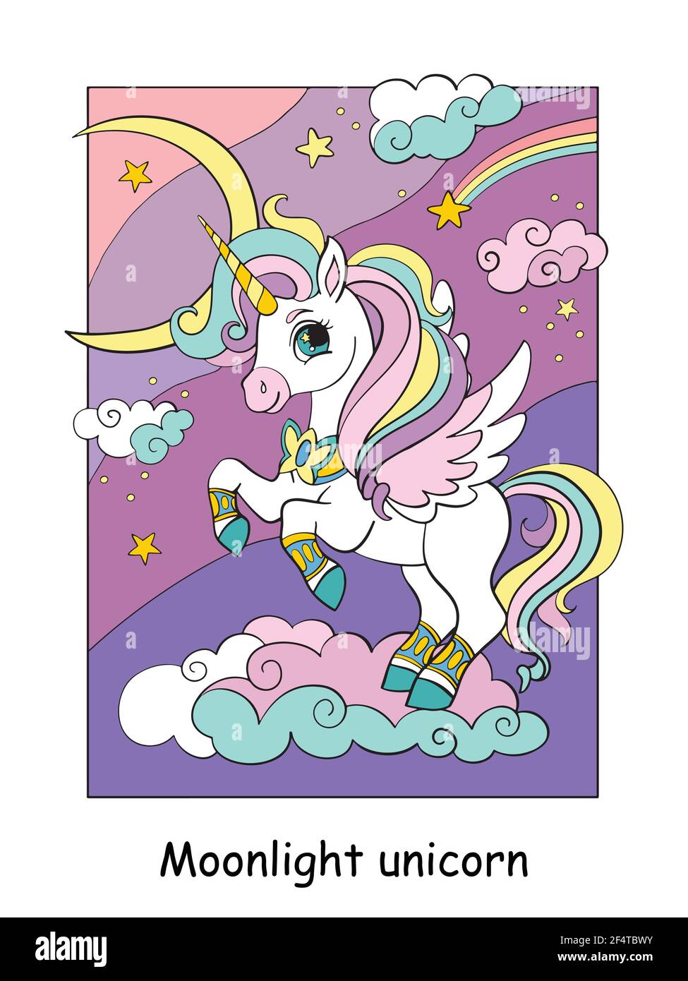 Carino unicorno con le ali su una nuvola. Cartoon vettoriale illustrazione colorata. Per cartoline, poster, design, biglietti d'auguri, adesivi, arredamento camera, festa, t- Illustrazione Vettoriale