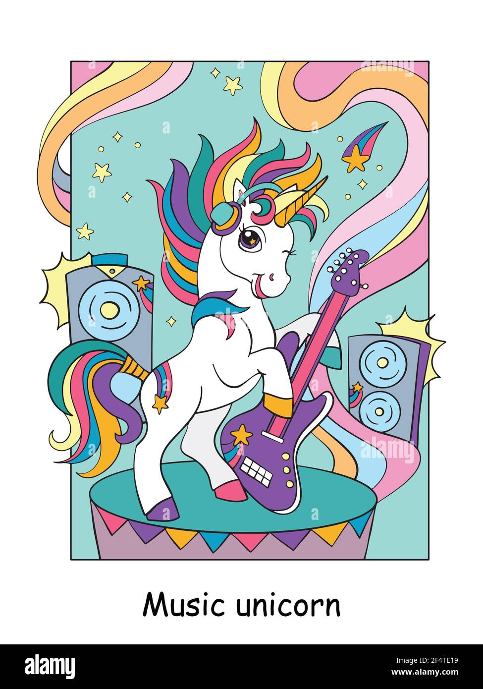 Simpatico e fresco unicorno con chitarra. Cartoon vettoriale illustrazione colorata. Per cartoline, poster, design, biglietti d'auguri, adesivi, arredamento camera, festa, t-s. Illustrazione Vettoriale