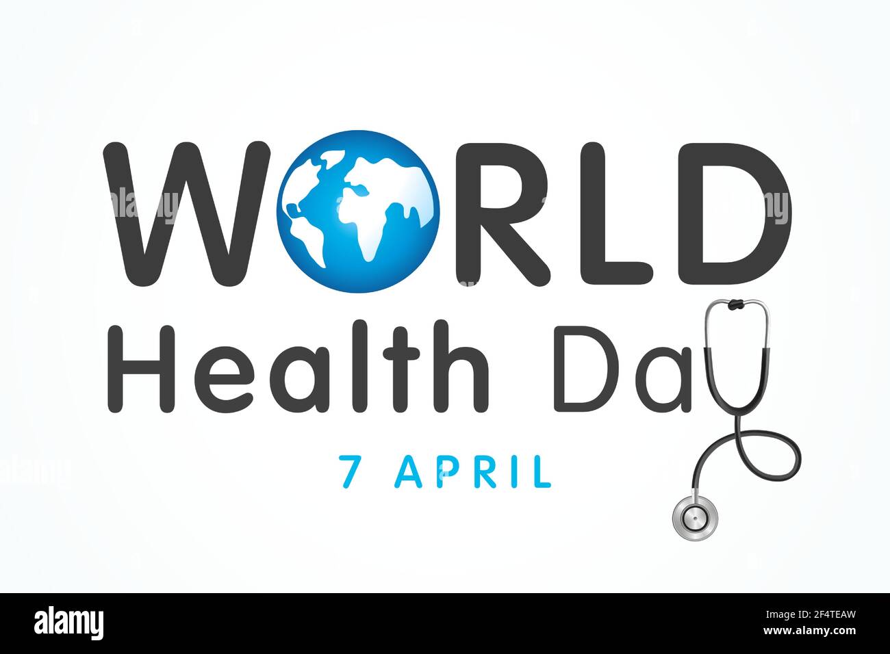 Striscione scritta Giornata Mondiale della Sanità. Progettazione poster giornata medica con pianeta terra, stetoscopio e citazione di testo per la celebrazione del 7 aprile vacanza Illustrazione Vettoriale