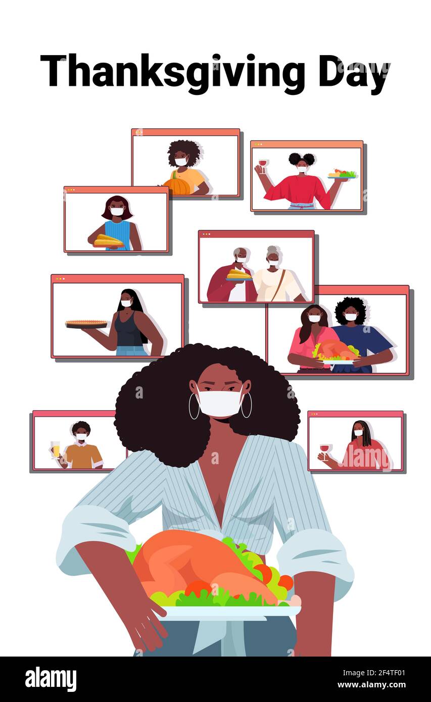 donna in maschera che discute con la famiglia durante la videochiamata persone festeggiando felice giorno di ringraziamento Illustrazione Vettoriale