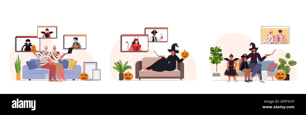 impostare le persone in diversi costumi discutere con gli amici durante il video chiama happy halloween festeggiamenti Illustrazione Vettoriale