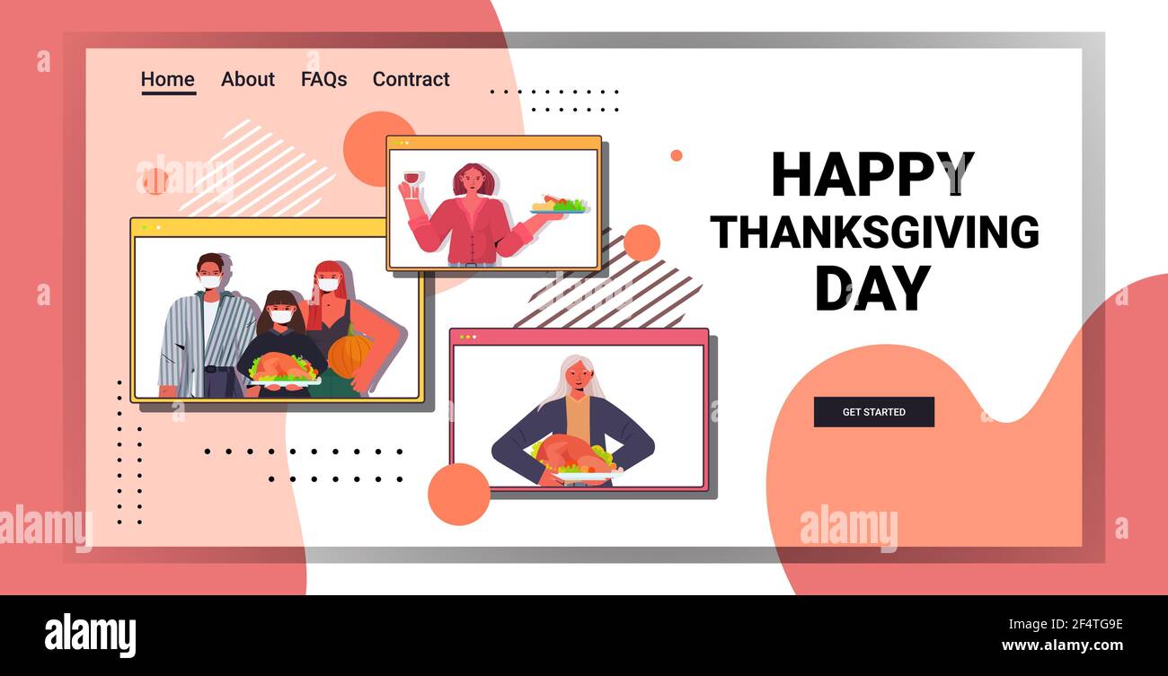 felice giorno di ringraziamento multi generazione famiglia in web browser finestre discussione durante l'isolamento automatico della videochiamata Illustrazione Vettoriale