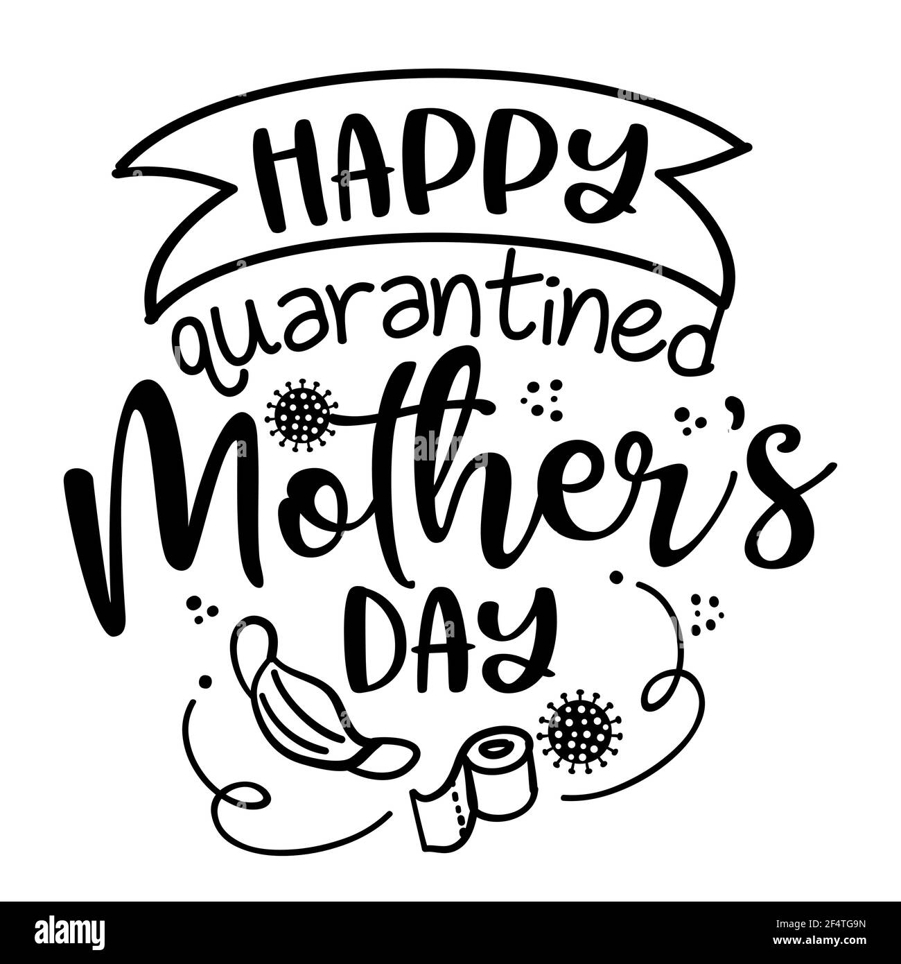 Happy Quarantined Festa della mamma 2021 quarantena - poster con testo per autosestazione delle madri giorno. Vaccino carino del coronavirus disegnato a mano. 2021 Illustrazione Vettoriale