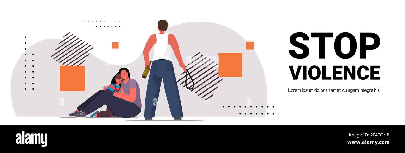 ubriaco marito arrabbiato punzonando e colpendo la moglie con il bambino stop concetto di aggressione alla violenza domestica Illustrazione Vettoriale