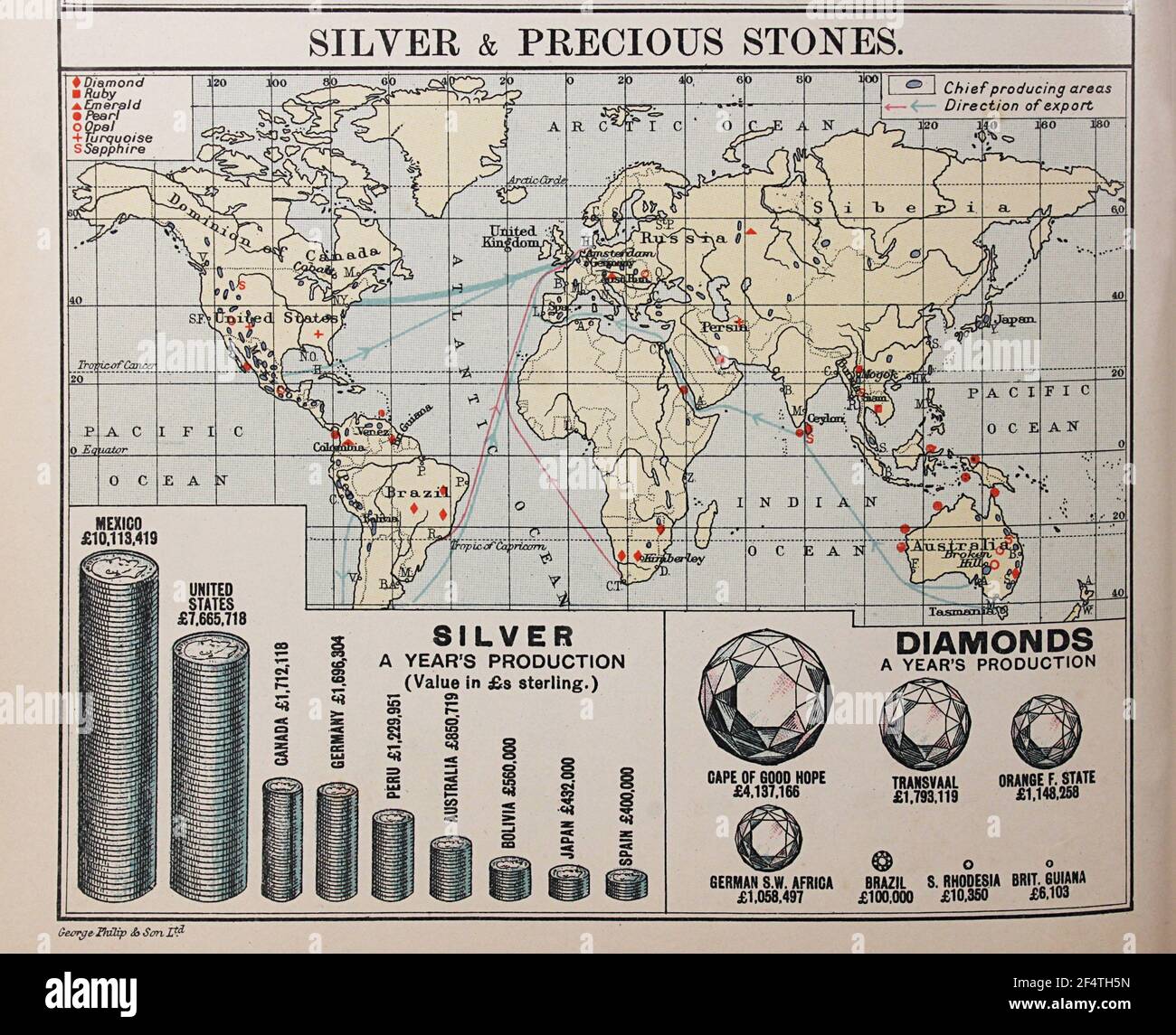 Mappa mondiale di 'Philips' Chamber of Commerce Atlas', 1912, che mostra la produzione di pietre preziose e d'argento. Foto Stock