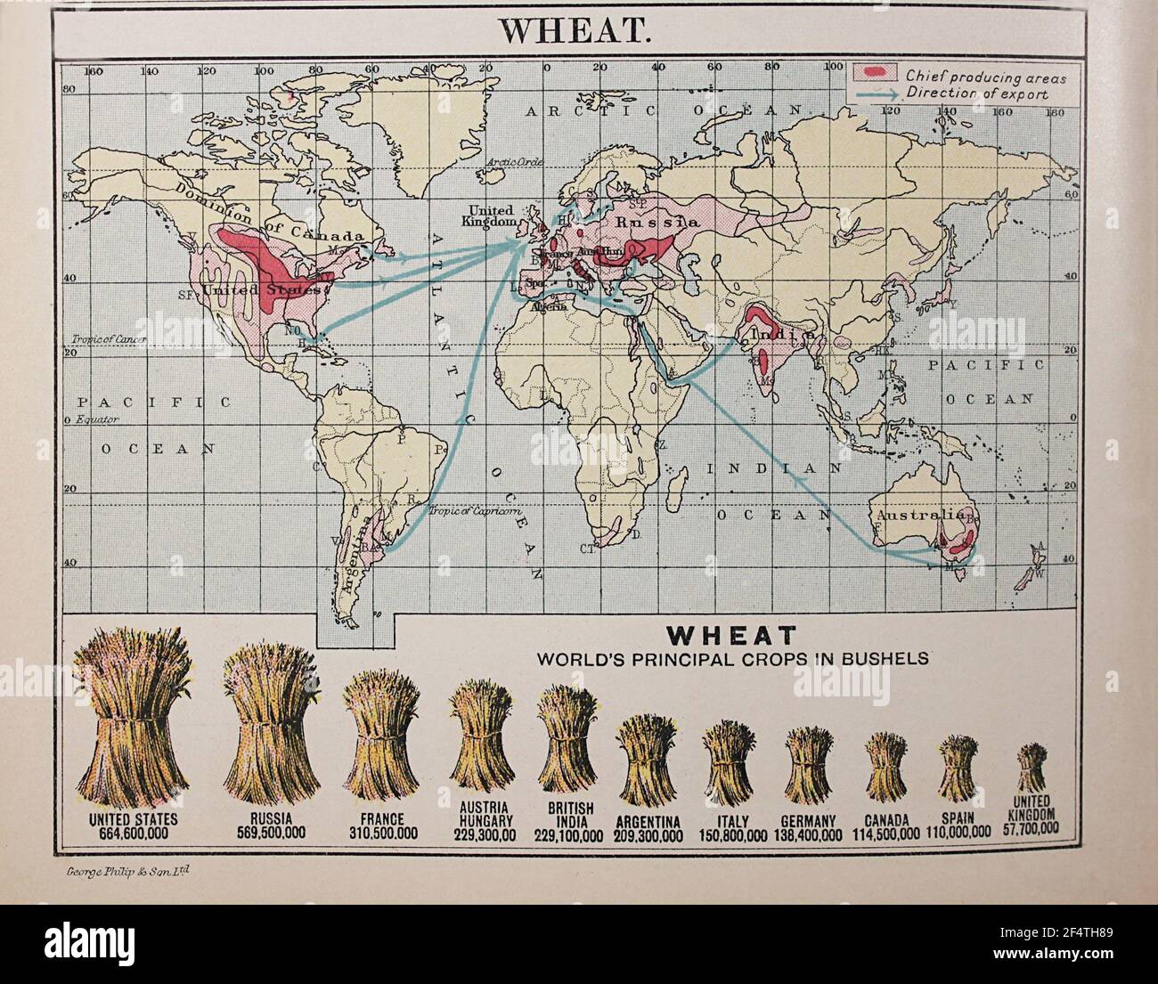 Mappa mondiale di 'Philips' Chamber of Commerce Atlas', 1912, che mostra la produzione di grano in bushel. Foto Stock