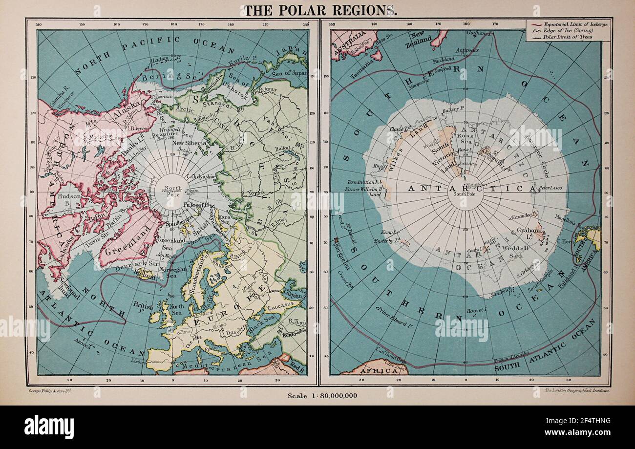 Mappa delle regioni polari dell'Atlante della Camera di Commercio di Philips, 1912. Foto Stock