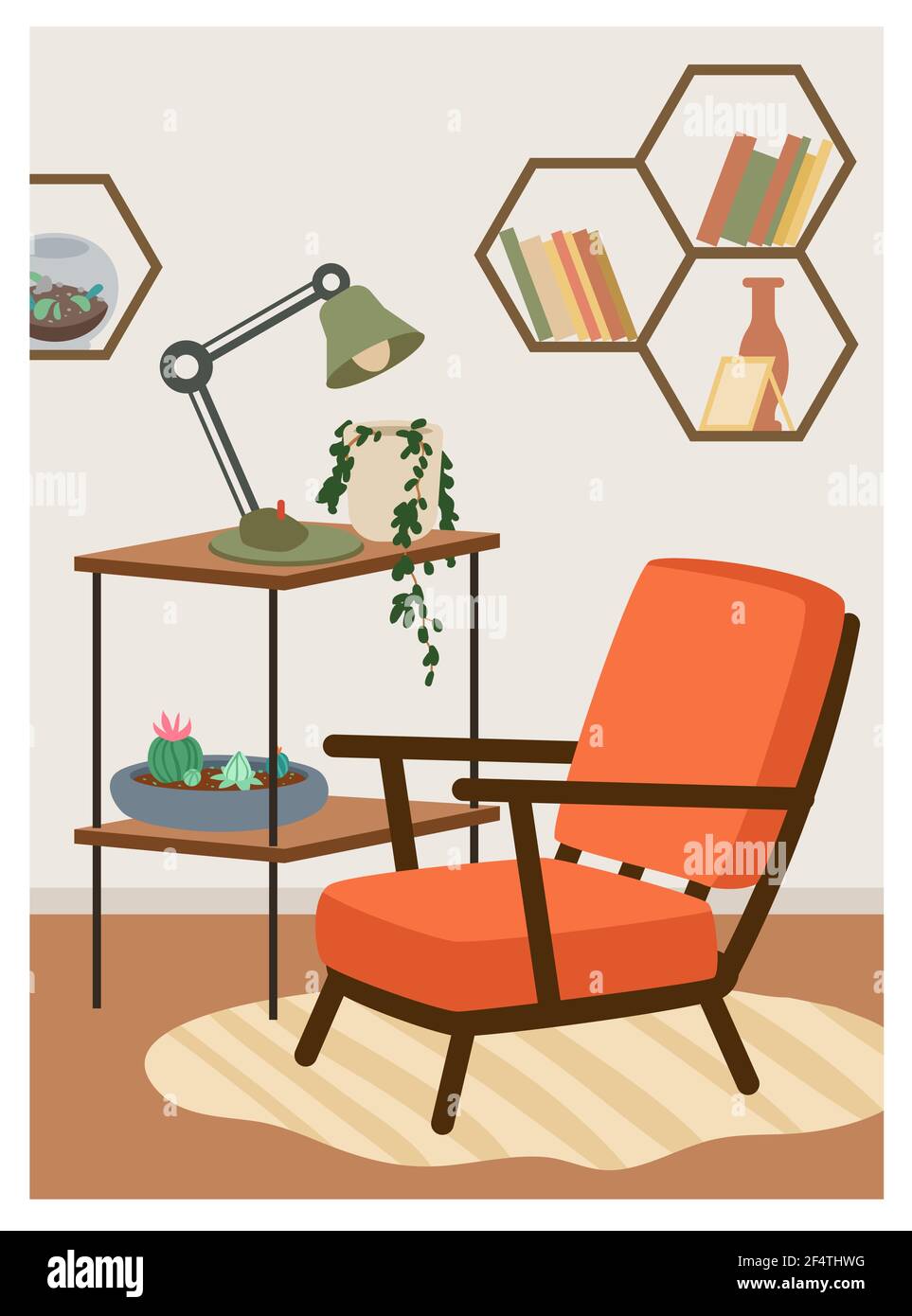 Boho casa con poltrona edera lampada libreria, trendy scandinavo higge interno Illustrazione Vettoriale