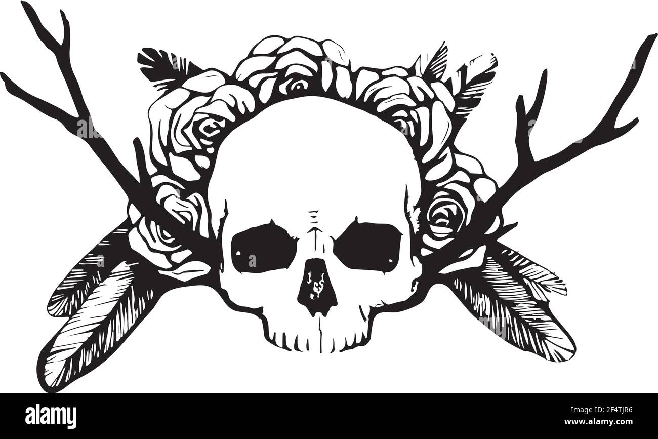 Illustrazione vettoriale disegnata a mano. Opere d'arte con cranio, fiori, ali. Alchimia, religione, spiritualità, occultismo, tatuaggio art. Modello per cartolina Illustrazione Vettoriale