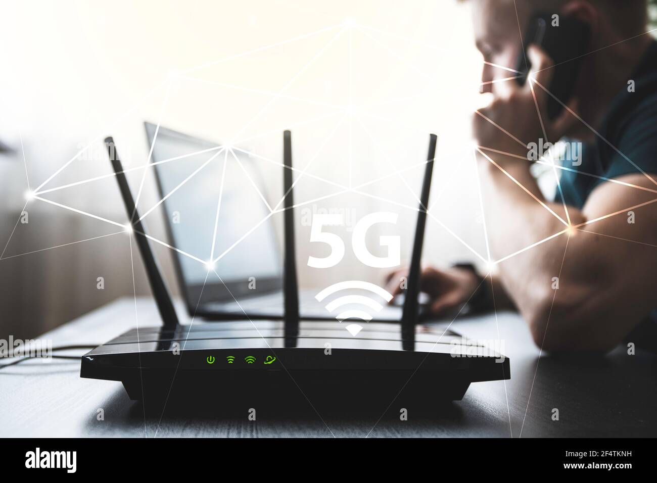 Modem Internet collegato al mondo. Connessione WIFI 5G Foto Stock