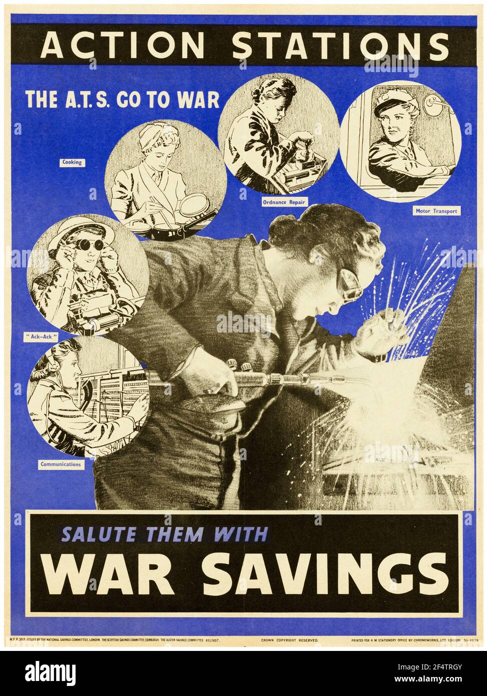 Inglese, poster della produttività della seconda guerra mondiale: Action Stations - The ATS GO to War, War Savings Bond Campaign, 1942-1945 Foto Stock