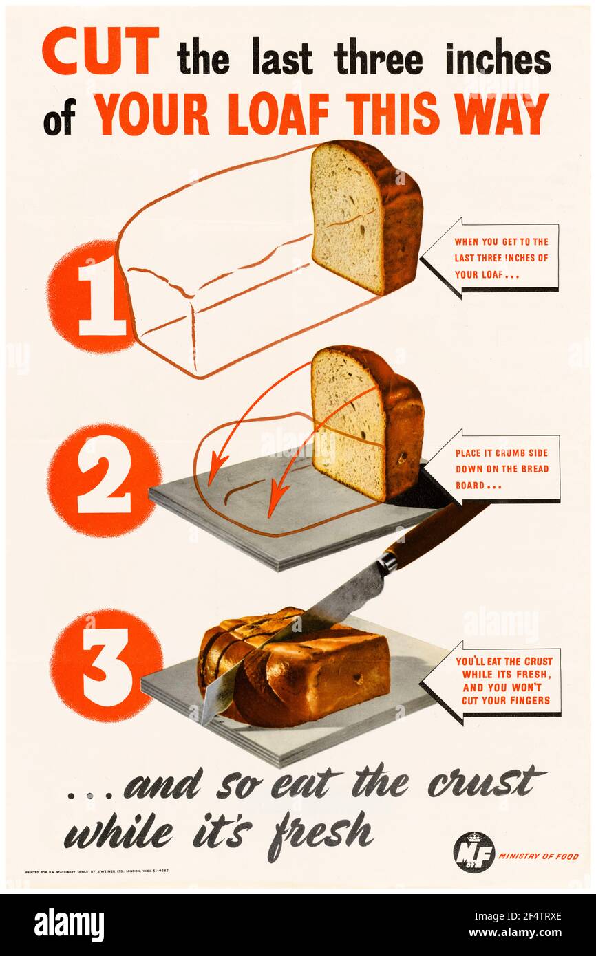 Inglese, WW2 Food Economy poster, tagliare gli ultimi tre pollici del tuo pane in questo modo, (taglio pane tutorial), 1942-1945 Foto Stock