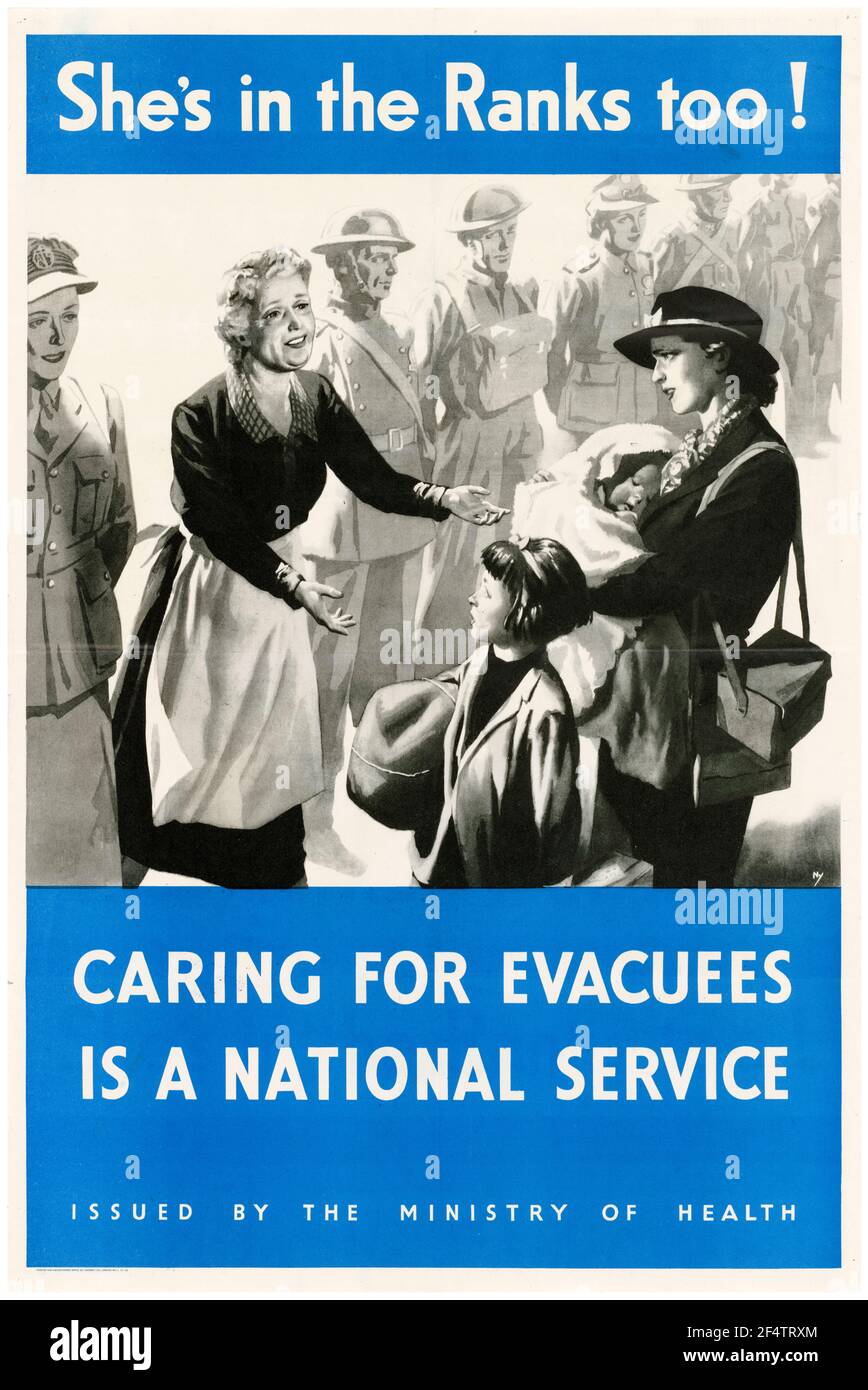 British, WW2, manifesto di evacuazione dei bambini, è anche in fila!, la cura per gli evacuati è un servizio nazionale, (Foster Carer tra i soldati), 1942-1945 Foto Stock