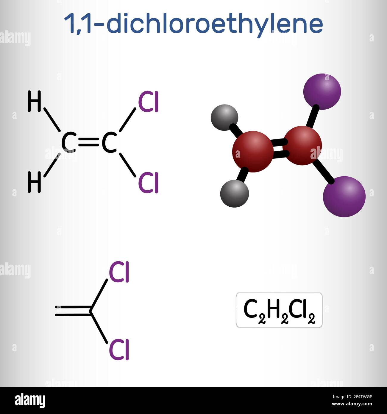 1,1-Dicloroetene, cloruro di vinilidene, molecola DCE. Viene utilizzato nella produzione di copolimeri di cloruro di polivinilidene (PVDC). Sostanza chimica strutturale Illustrazione Vettoriale
