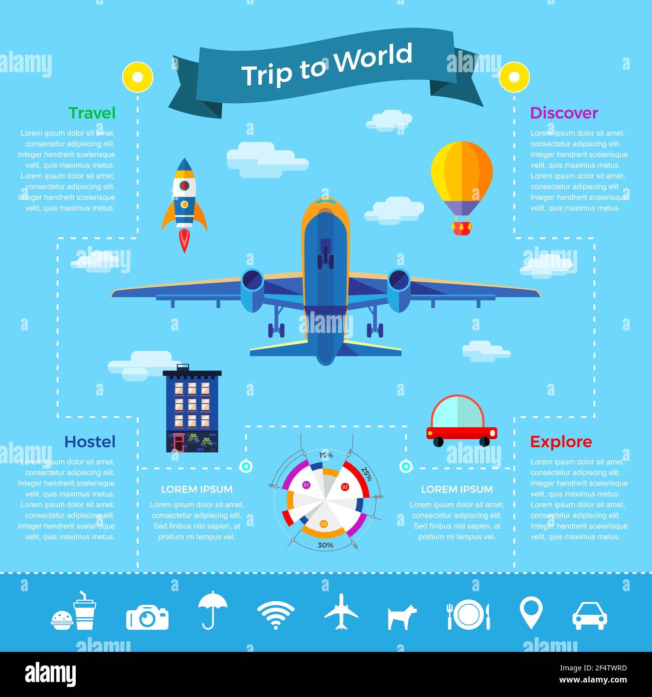 Esplora, scopri e viaggia in tutto il mondo. Infografiche illustrazioni vettoriali icone impostate in stile piatto Illustrazione Vettoriale