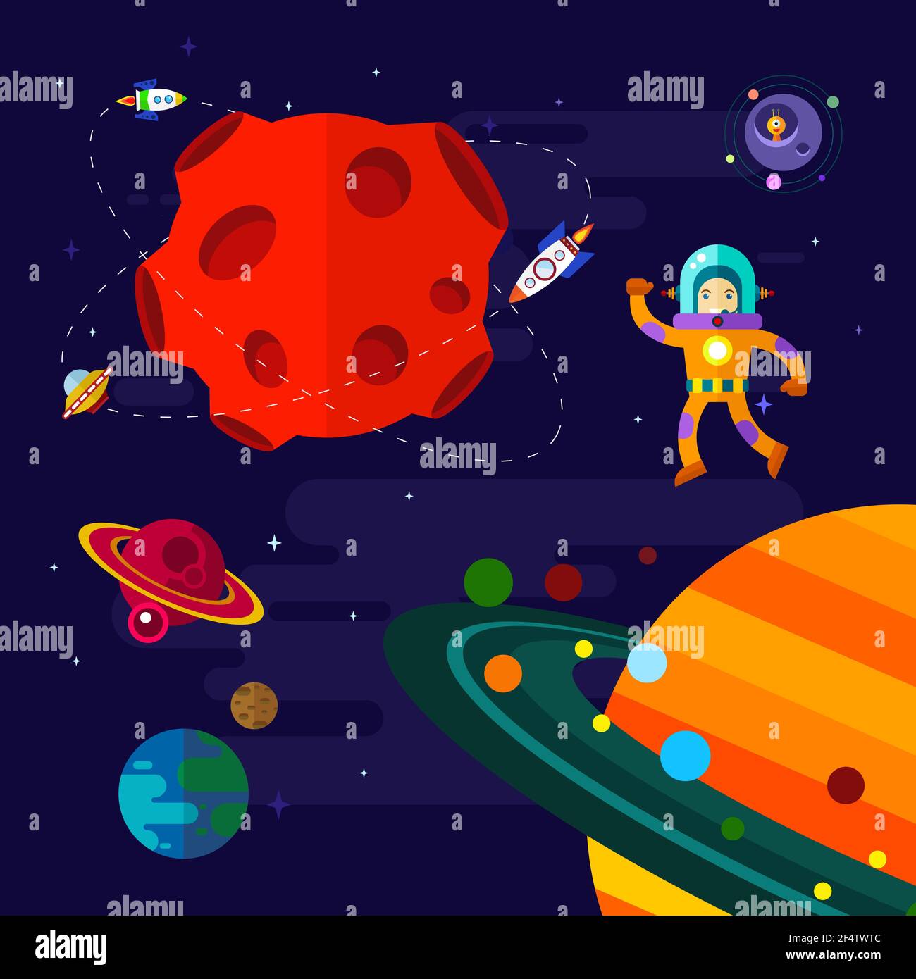 Elementi vettoriali a spazio piatto con astronave, ufo e pianeti. Illustrazione Vettoriale