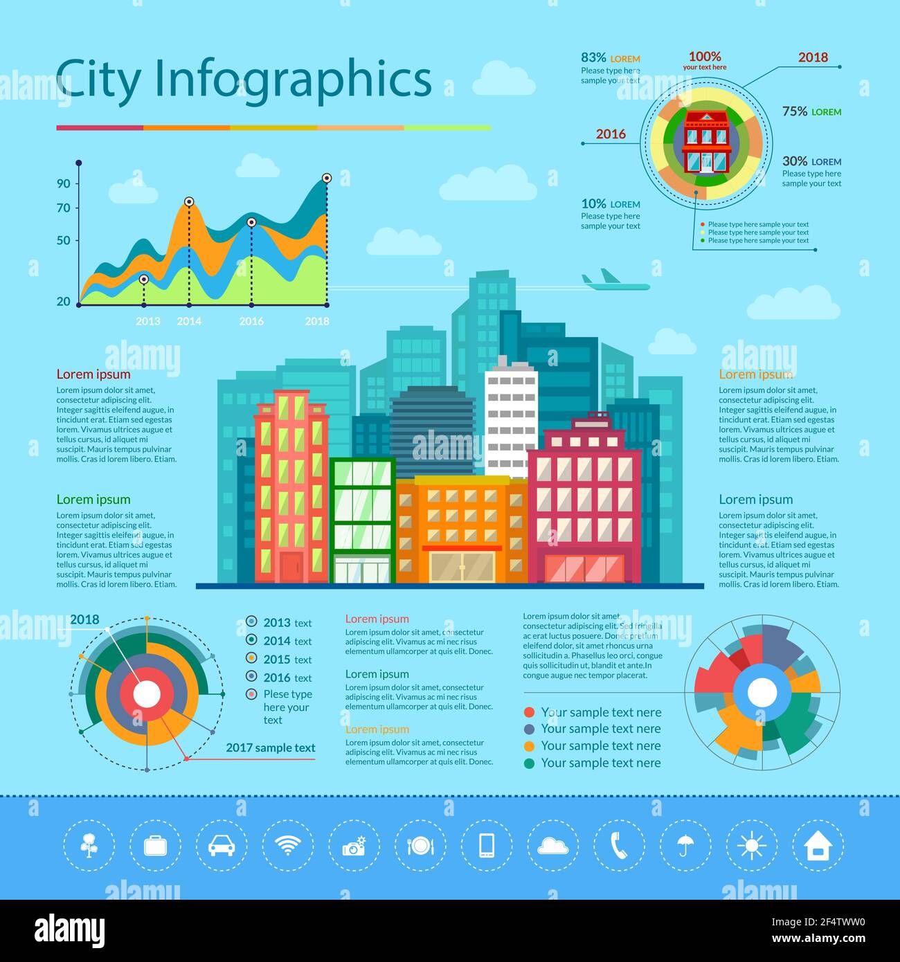 Infografiche di strade cittadine con edifici e icone in stile piatto. Illustrazione Vettoriale