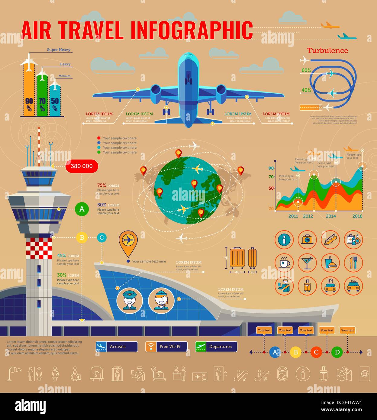 Elementi Air Travel, AirPort con set di icone infografiche e aereo in stile Flat Design Illustrazione Vettoriale