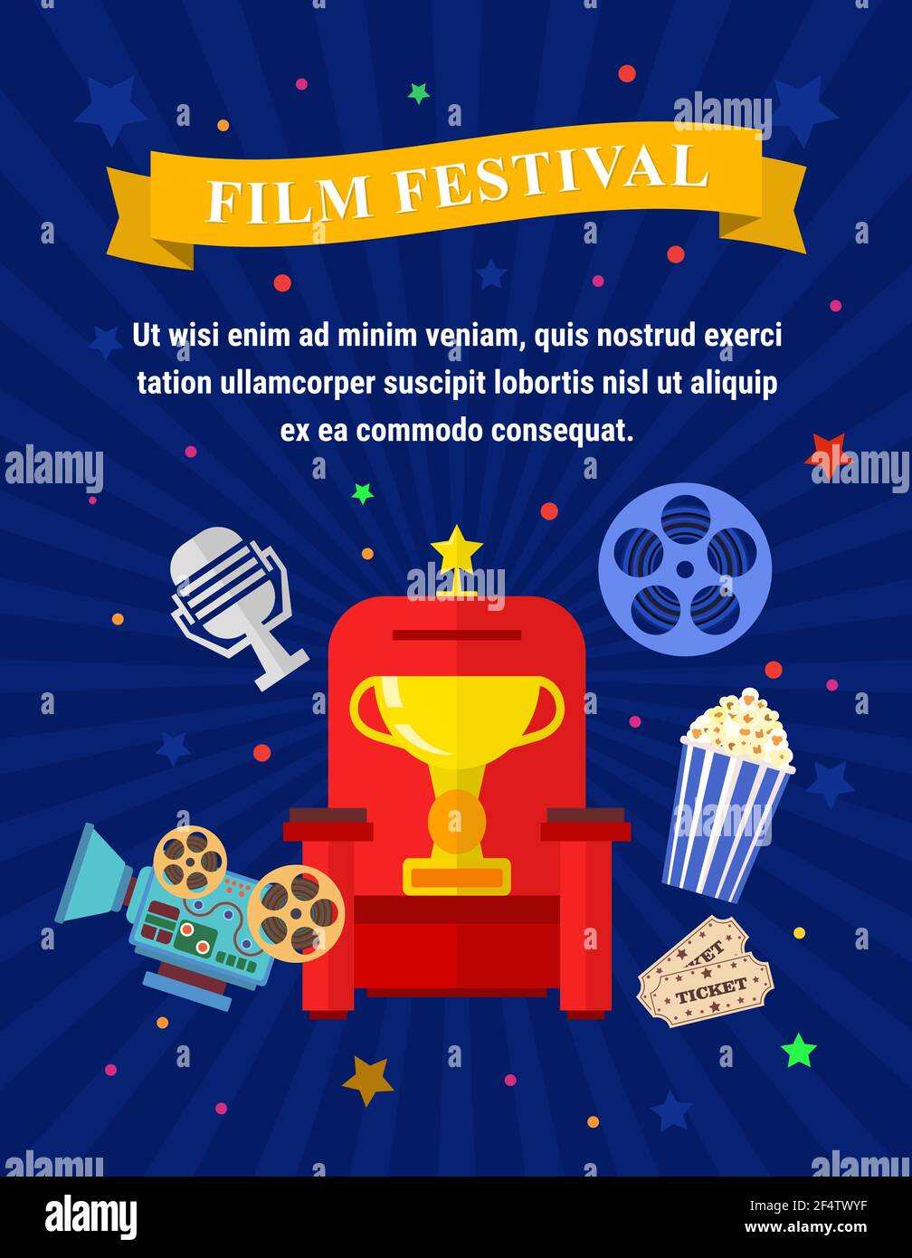 Elementi Vector Flat Movie con poltrona, premio, macchina fotografica, popcorn e un microfono. Cinema Concept. Illustrazione Vettoriale