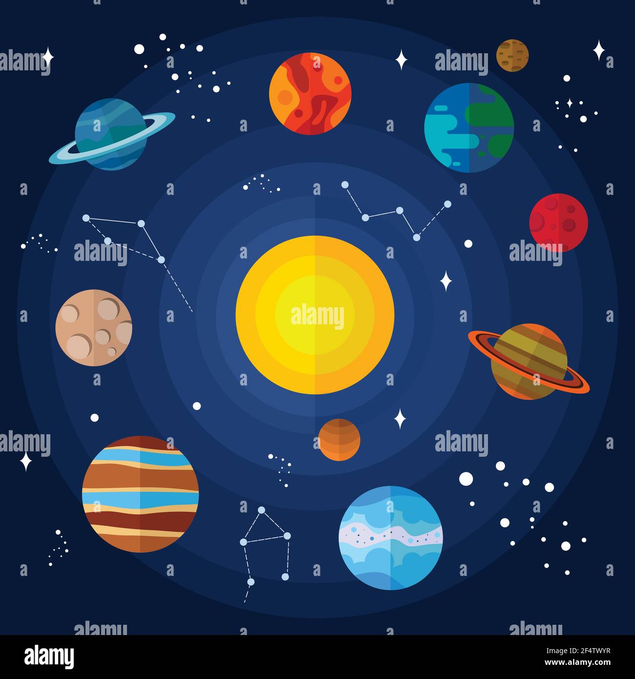 Elementi vettoriali dello spazio piano con il Plutone del Sole, Marte, Giove, Mercurio, Venere, Saturno, Urano, la Terra la Luna, Nettuno Illustrazione Vettoriale