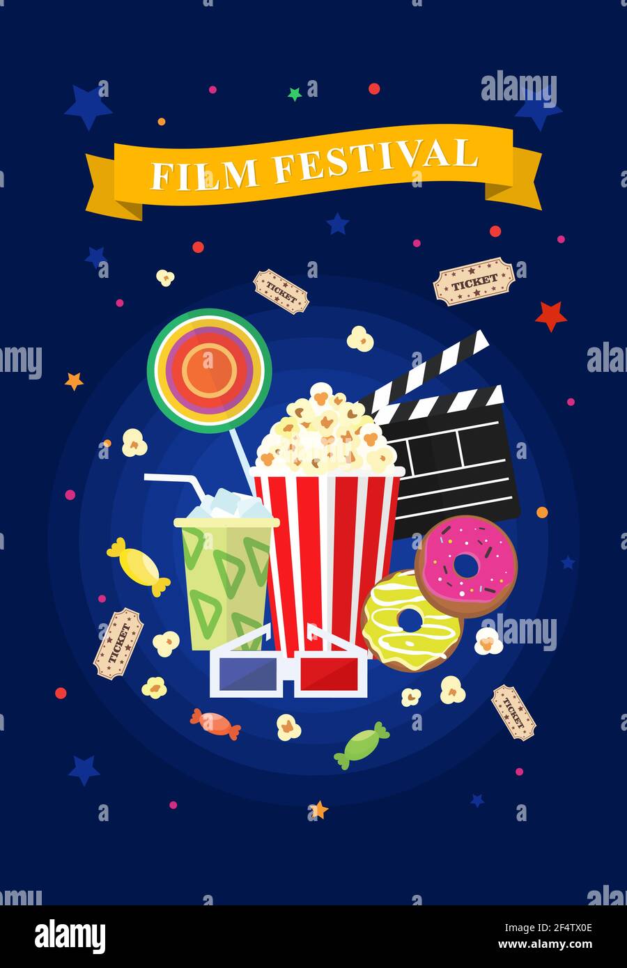 Elementi Vector Flat Movie con pop corn, caramelle, bevande e ciambelle. Filmato concettuale. Illustrazione Vettoriale