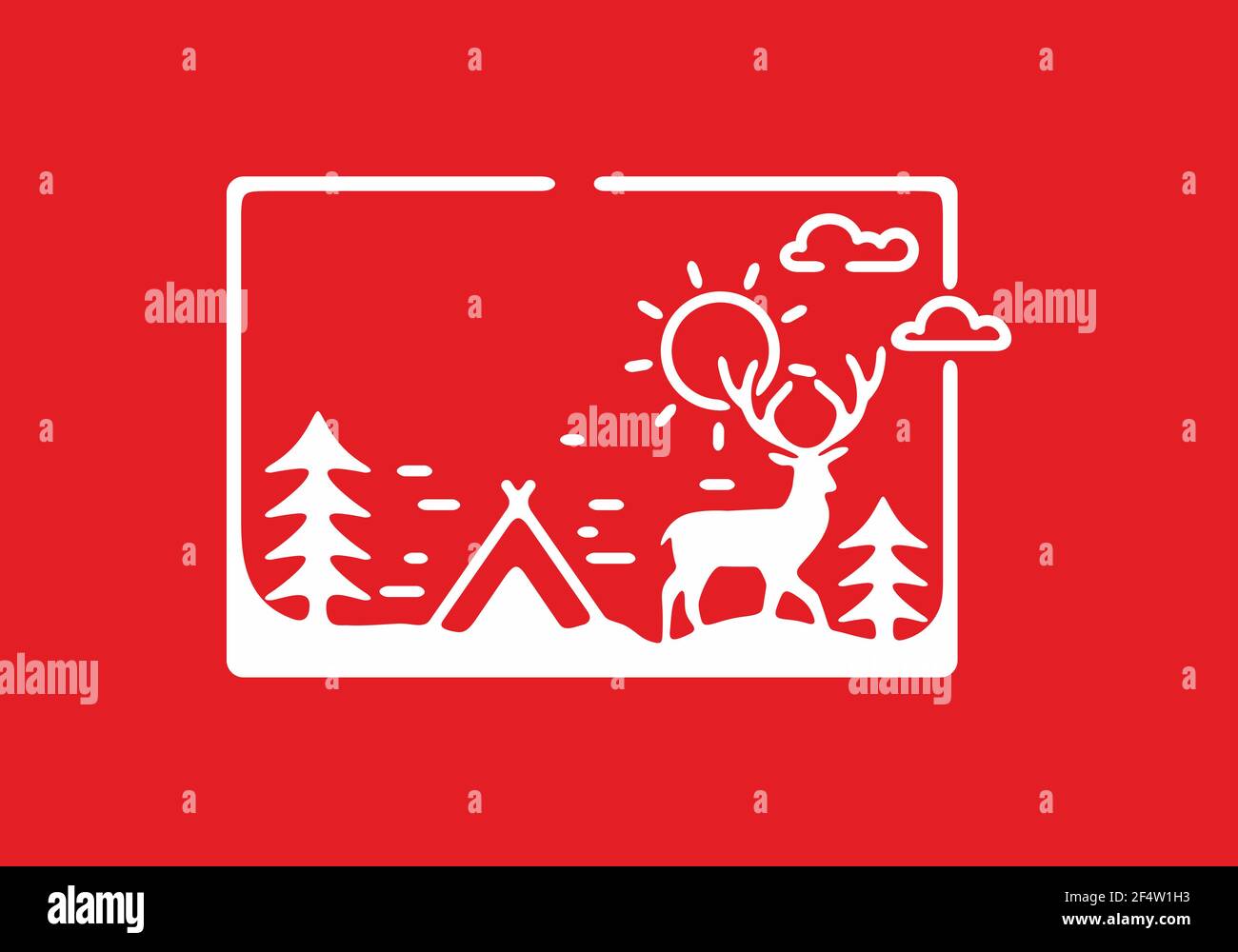 Disegno di illustrazione di cervi e campeggio nella foresta bianca e rossa Illustrazione Vettoriale