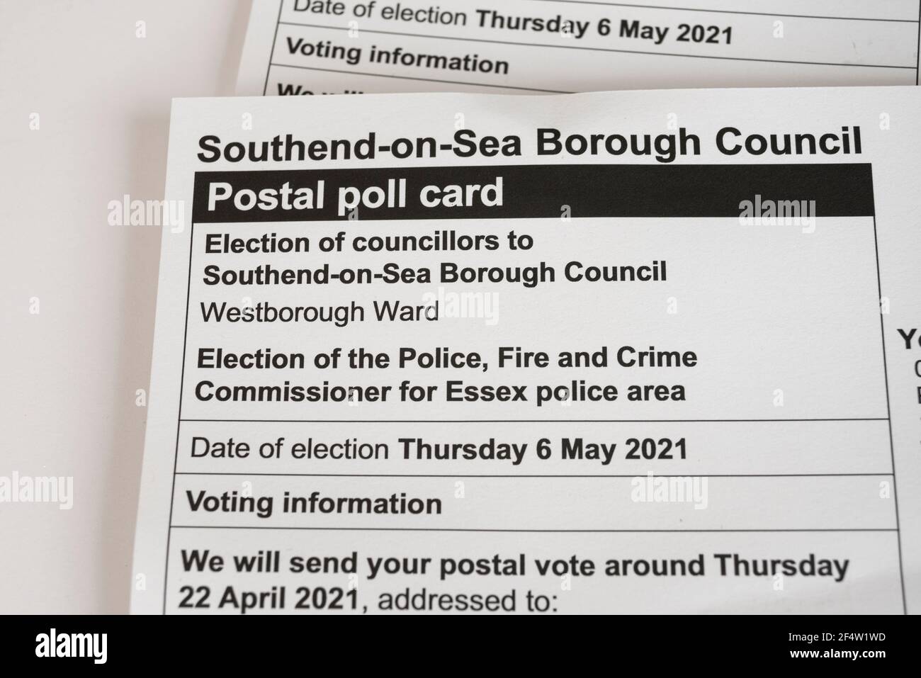 Cartolina di sondaggio per l'elezione dei consiglieri a Southend on Sea Borough Council, Westborough Ward, per le elezioni di giovedì 6 maggio 2021 Foto Stock