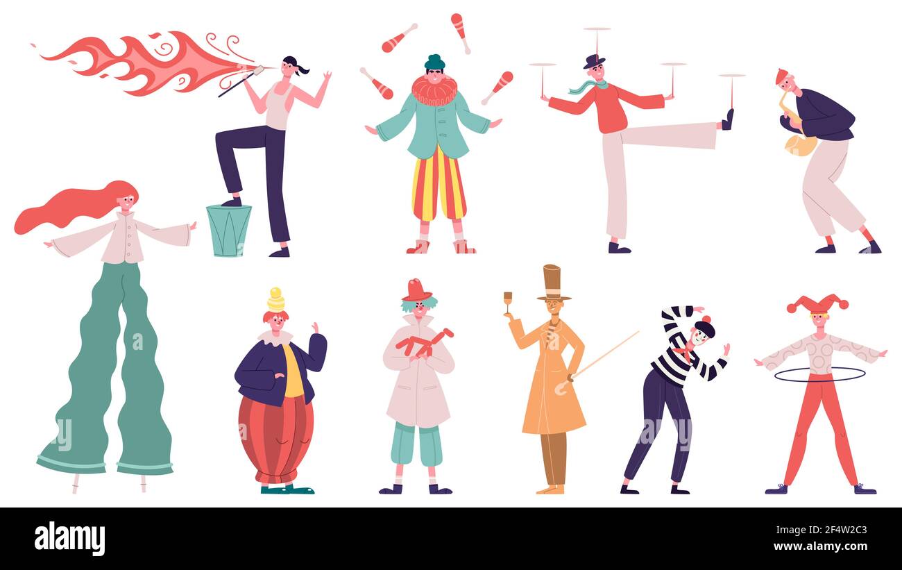 Artisti di Street performance. Festival che esibisce personaggi, giocolieri, fakir e statua vivente. Set di illustrazioni vettoriali per le prestazioni artistiche della strada Illustrazione Vettoriale