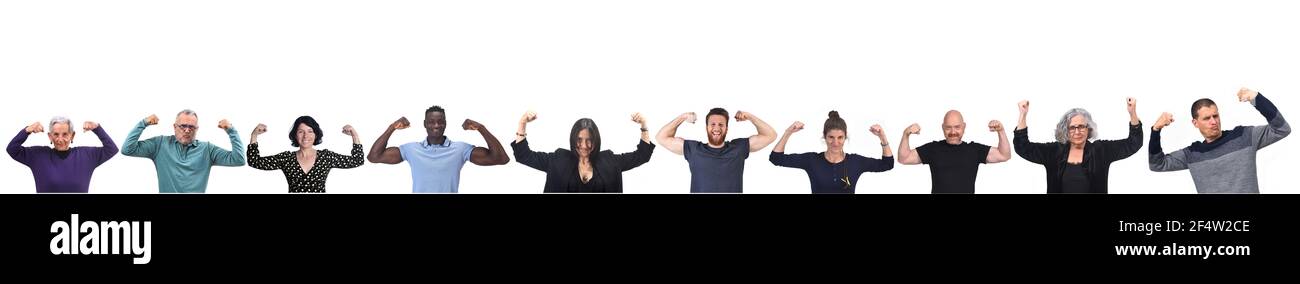 gruppo di donne e uomini su sfondo bianco isolato Foto Stock