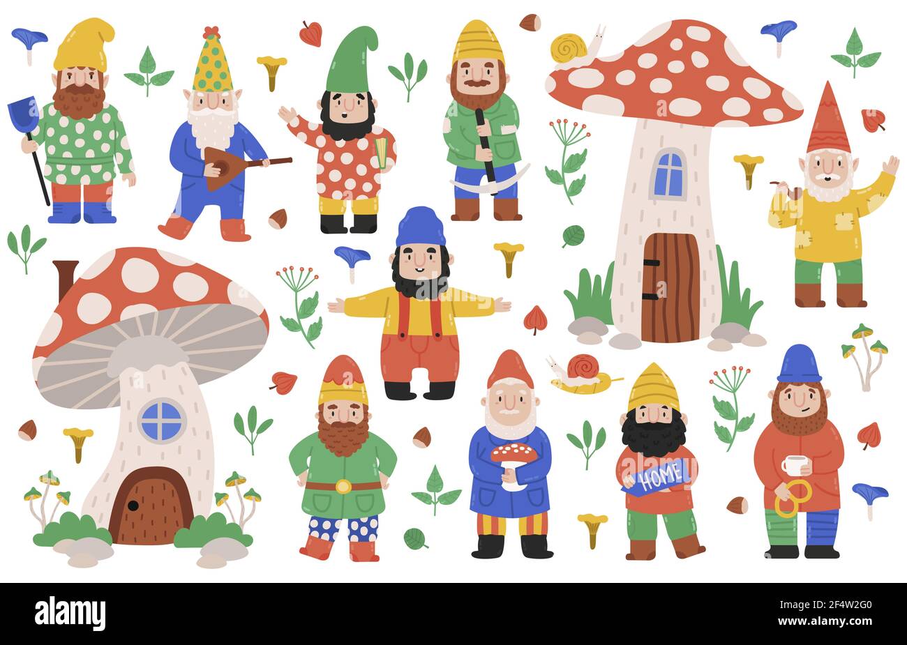 Personaggi nani del giardino. Decorazioni da giardino GNOME, nani con funghi, mascotte gnome. Divertente giardino fiaba creature vettore illustrazione insieme Illustrazione Vettoriale