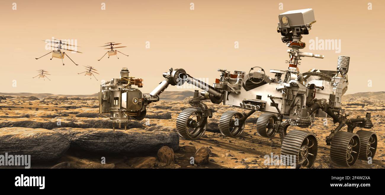 Droni marziani e Mars rover colonizzazione elementi di questa immagine Fornito dalla NASA illustrazione 3D Foto Stock