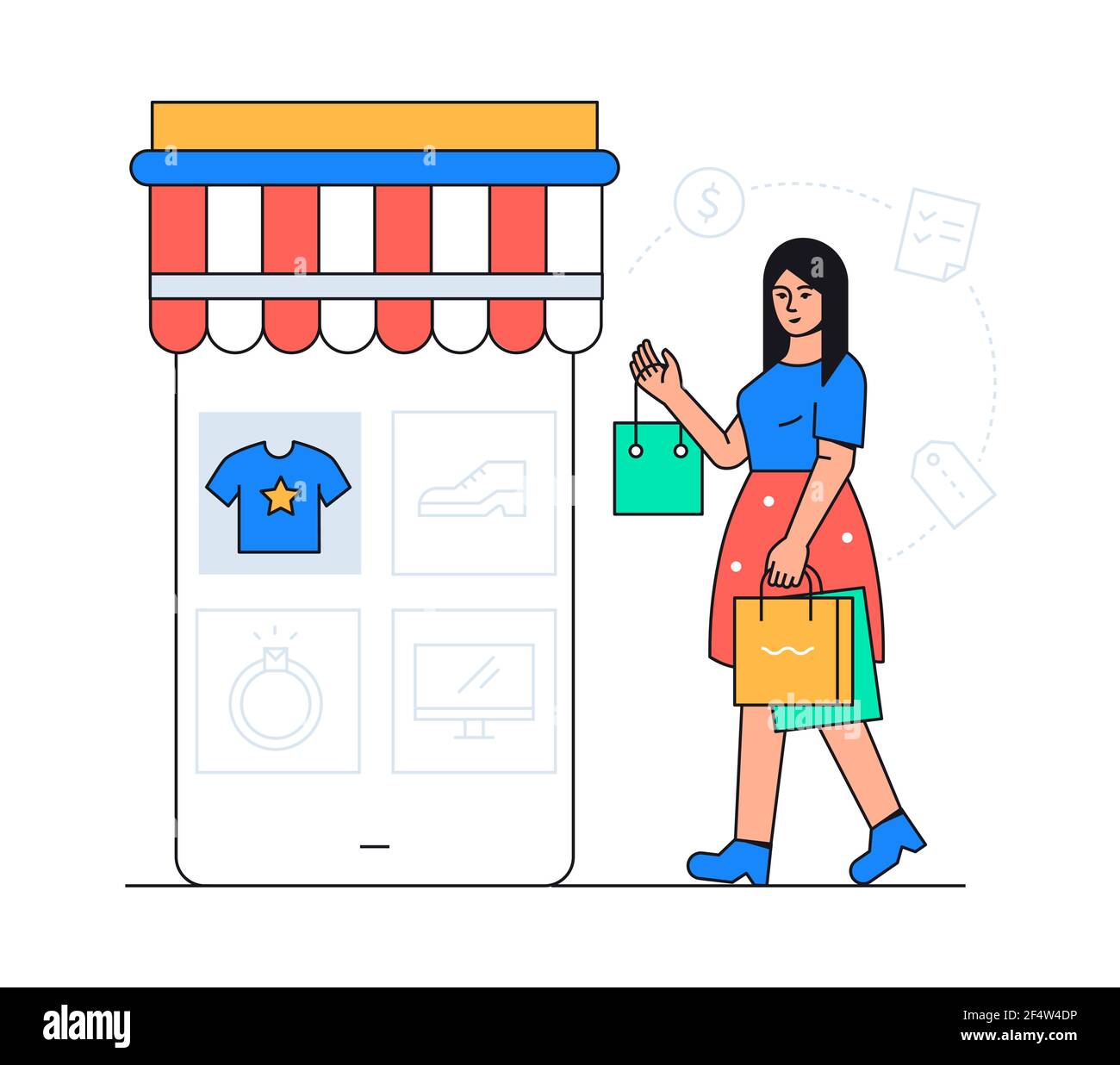 Shopping online - poster colorato stile piatto con icone tematiche. Una  composizione con una donna che acquista prodotti tramite app mobile. Abbigliamento  e scarpe Immagine e Vettoriale - Alamy