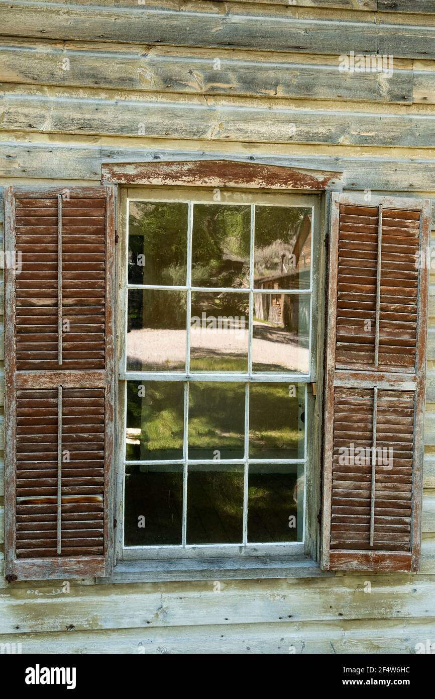 Nord America; Stati Uniti; Montana; Siti storici; Montana state Park; Parco statale di Bannack; città fantasma; dettaglio finestra Foto Stock