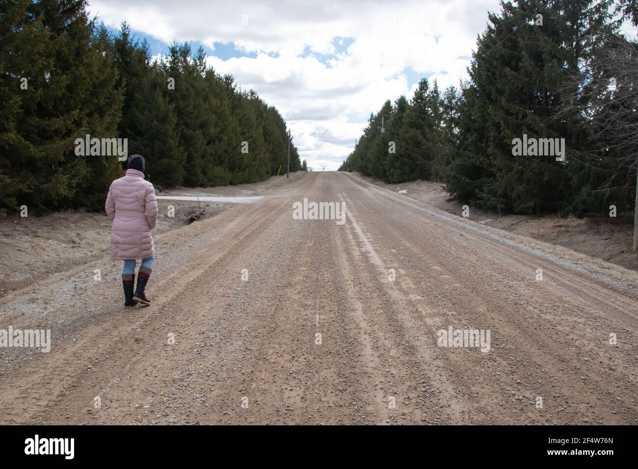 Una donna che indossa un parka di puff rosa e una punta nera e jeans cammina lungo una vecchia strada sterrata nella campagna fiancheggiata da alberi di abete rosso conifero. Foto Stock