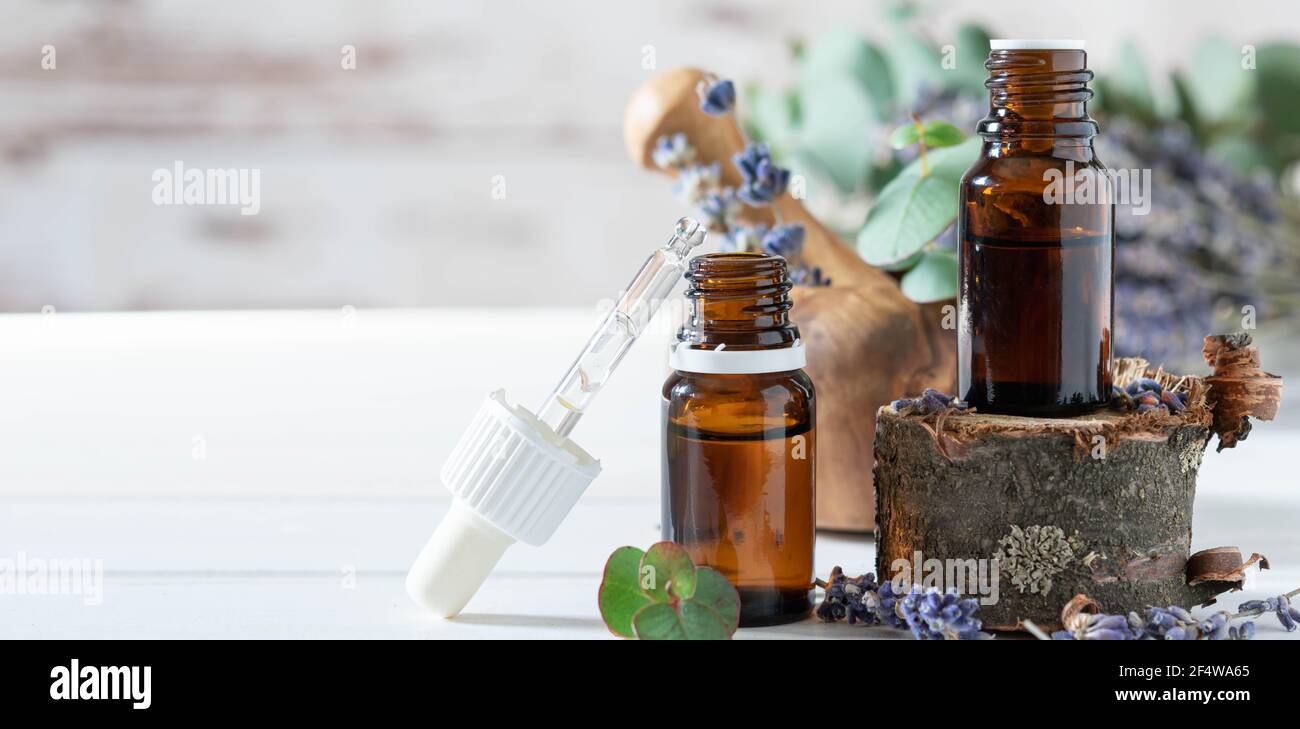 concetto di cosmetica biologica, bottiglia di vetro con olio, pipettatore e fiori di lavanda, eucaliptus su fondo di legno chiaro Foto Stock