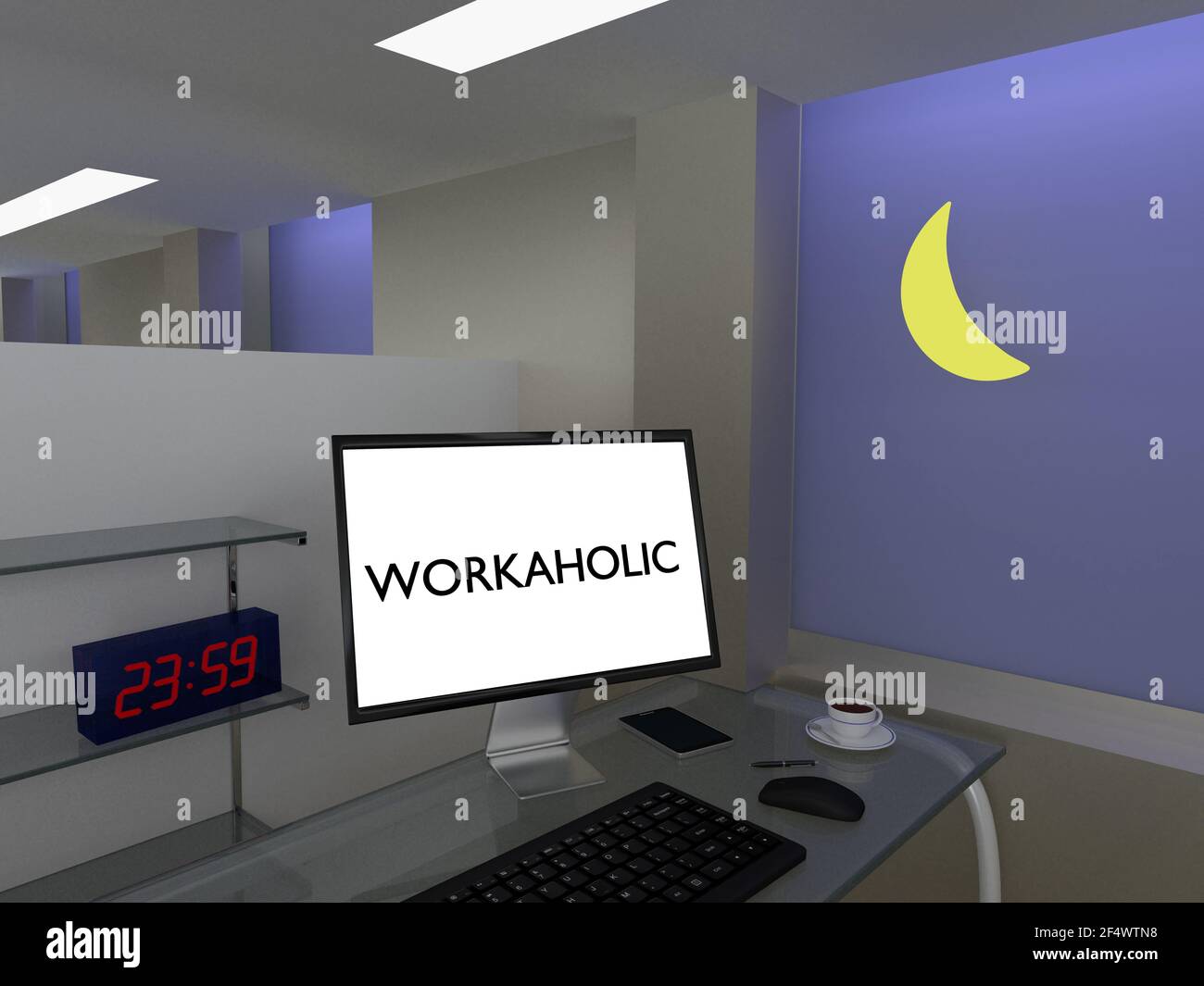 Illustrazione 3d di una postazione di lavoro personale, con lo script  WORKAHOLIC sullo schermo di un PC insieme a un orologio digitale che  visualizza 23:59 e la luna mostrata Foto stock - Alamy