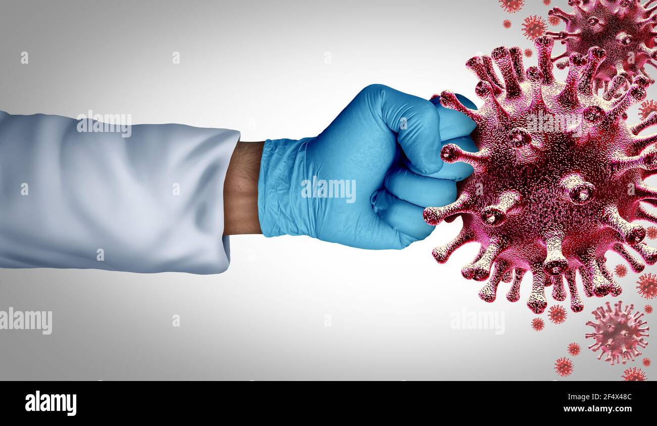 Virus vaccino lotta e sostegno per il controllo delle malattie mediche dell'influenza o del coronavirus come medico con un guanto chirurgico che combatte un gruppo di contagiosi. Foto Stock